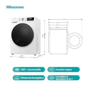 Hisense- Lavadora Secadora 2 en 1, Conctividad Wifi, 9 Kg Lavado, 6 Kg de Secado, 1400 rpm, Puerta XL