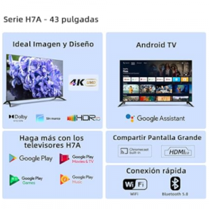 CHiQ- Smart TV 43″ Android 11, 4K Ultra HD, WiFi, Bluetooth, Asistente de Google, 3 HDMI, 2 USB.